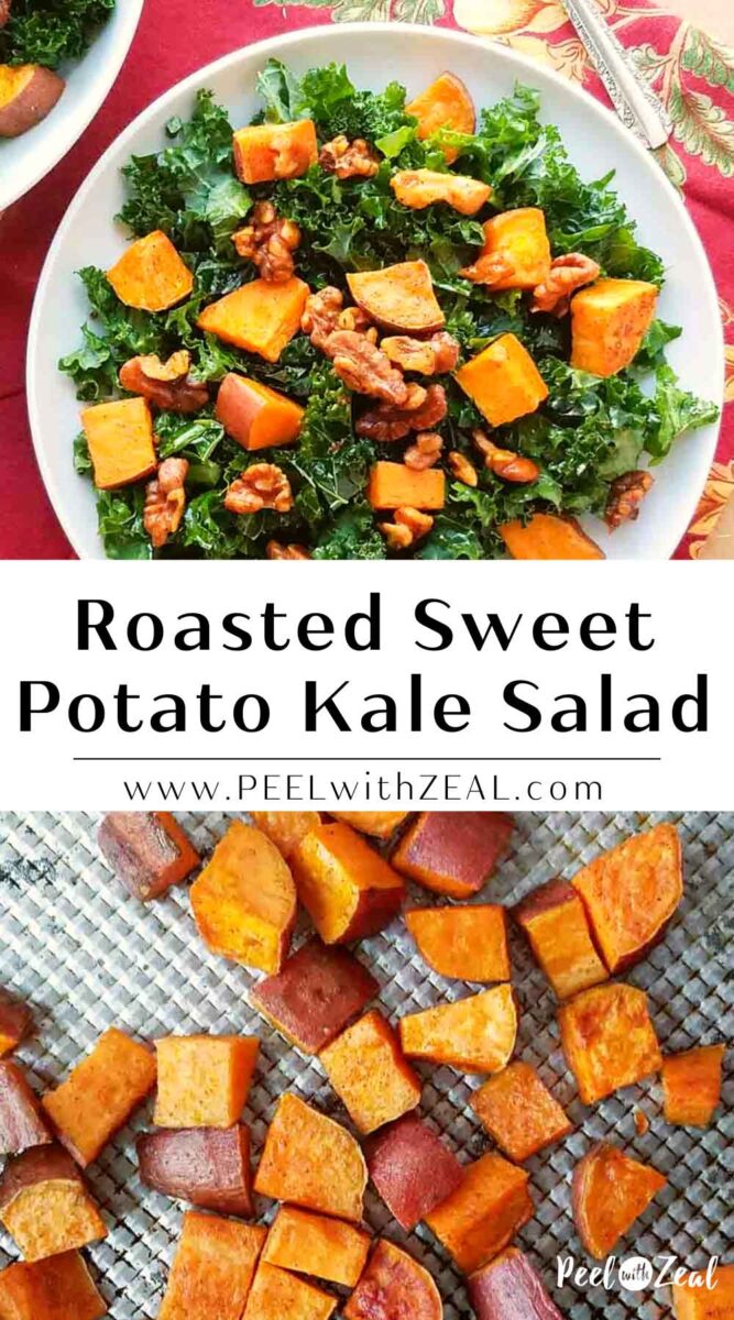 Kale in a bowl with cooked sweet potatoes and walnuts on top.