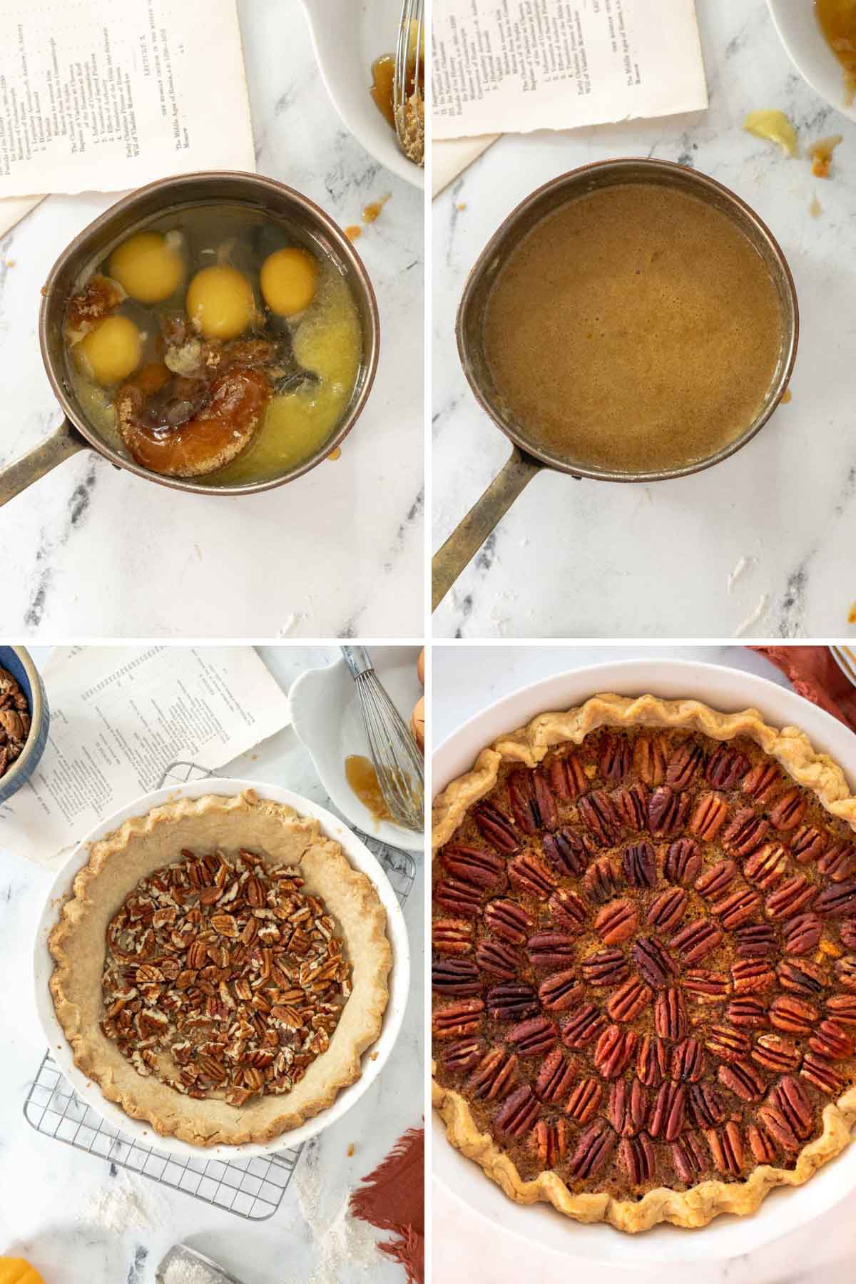 Pecan pie filling in a pan and the completed pecan pie.