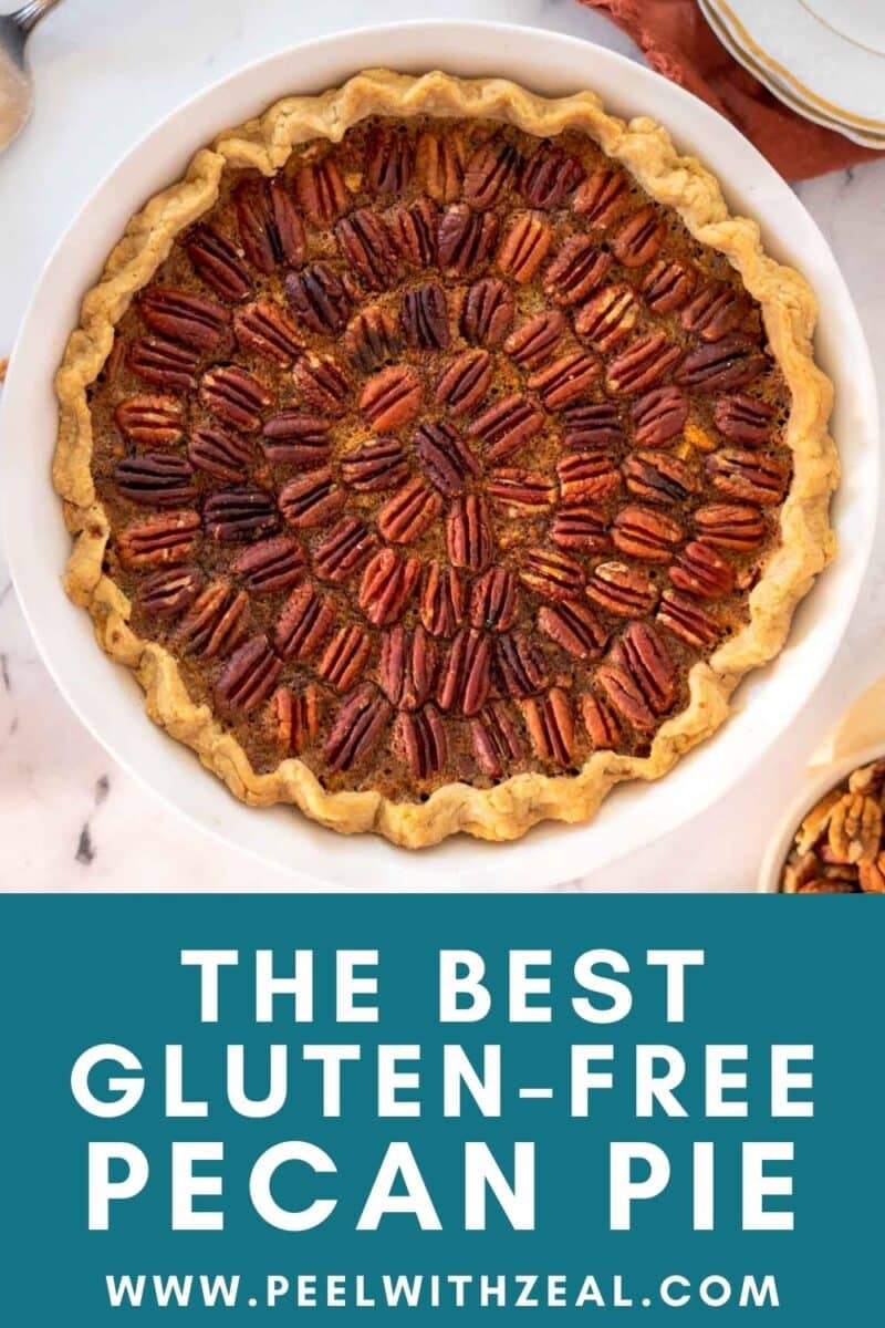 A gluten free pecan pie in a white dish with a neatly arranged pecan topping. Text overlay reads, "The Best Gluten-Free Pecan Pie" with a website URL below.