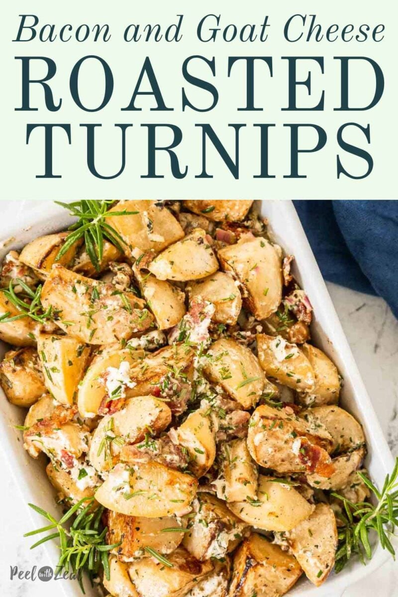 Roasted turnips with goat cheese in a white serving dish.