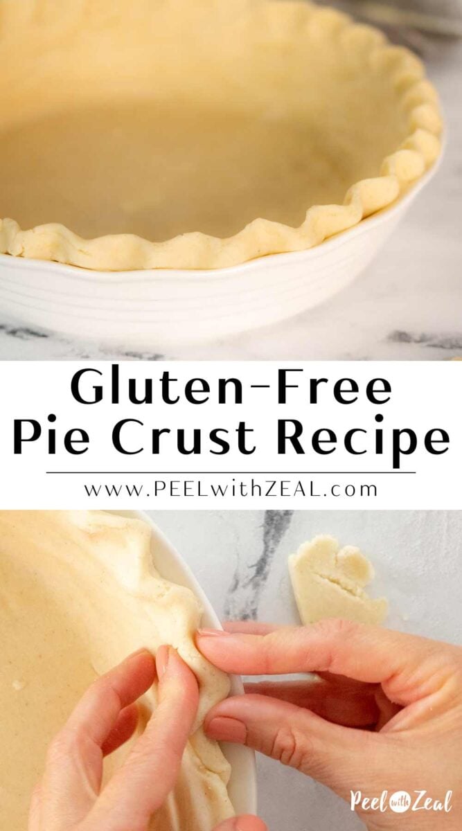 Unbaked gluten free pie crust in a white pie plate.
