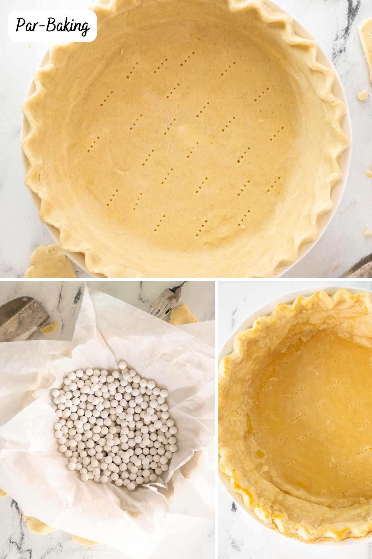 Par baked crust and raw pie crust lined with parchment and pie weights.