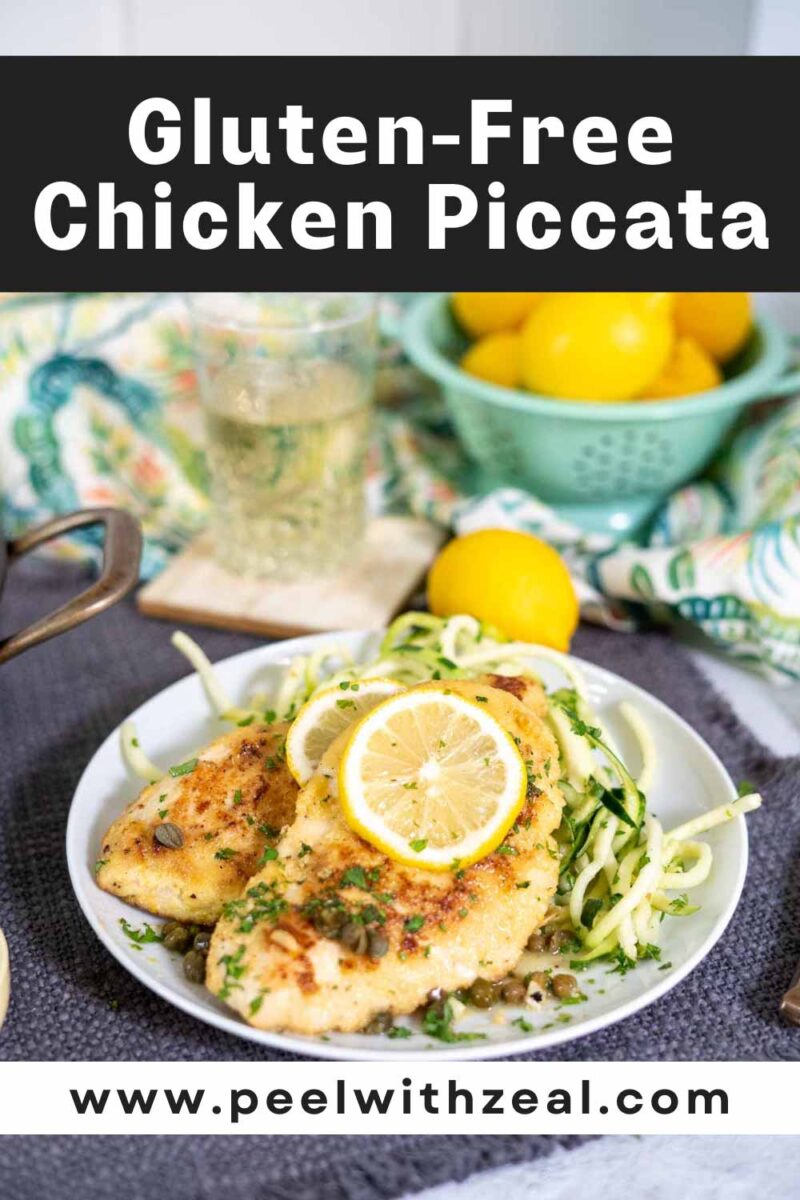 Gluten free chicken piccata being served over zucchini noodles with a pan sauce.