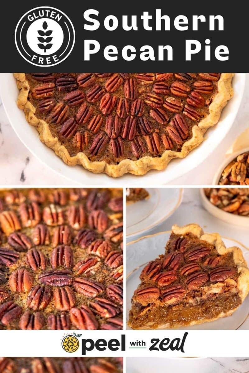 A collage of images featuring a scrumptious gluten-free pecan pie, showcasing a whole pie, a close-up of the nutty pecan topping, and a single slice with its golden crust and rich filling.