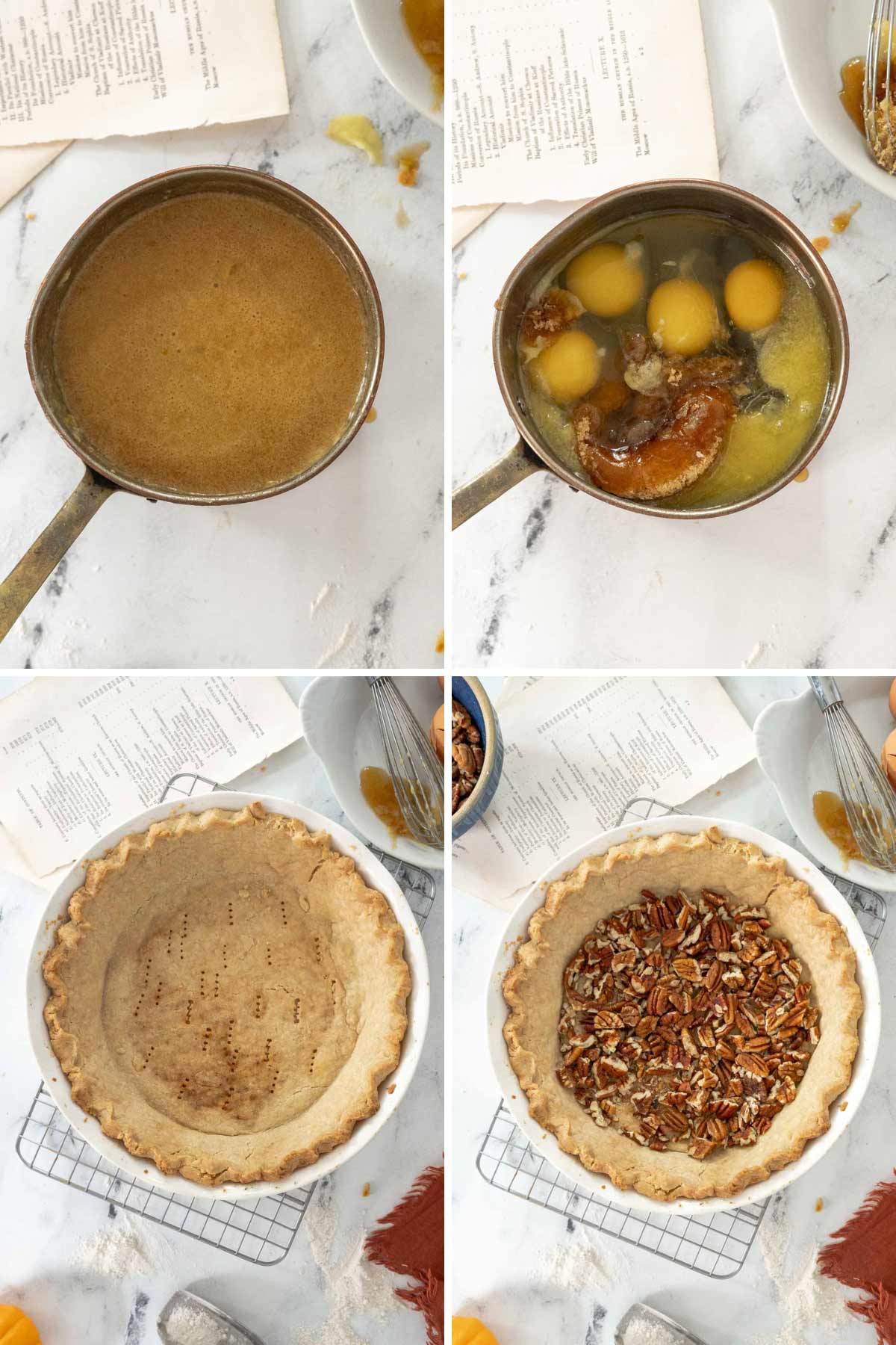 Pie filling in a pan and pecans in a pie crust.