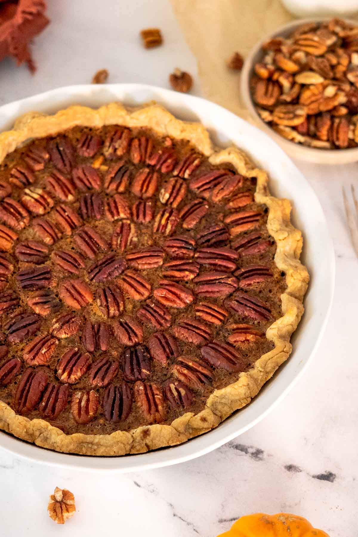 Pecan pie in a pie pan.