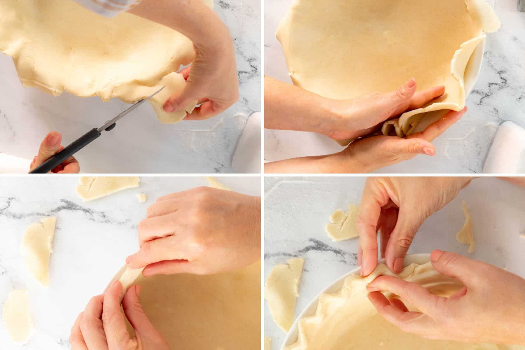 Collage of four images showing hands trimming, folding, and crimping the edges of a gluten-free pecan pie dough in a dish on a marble surface.