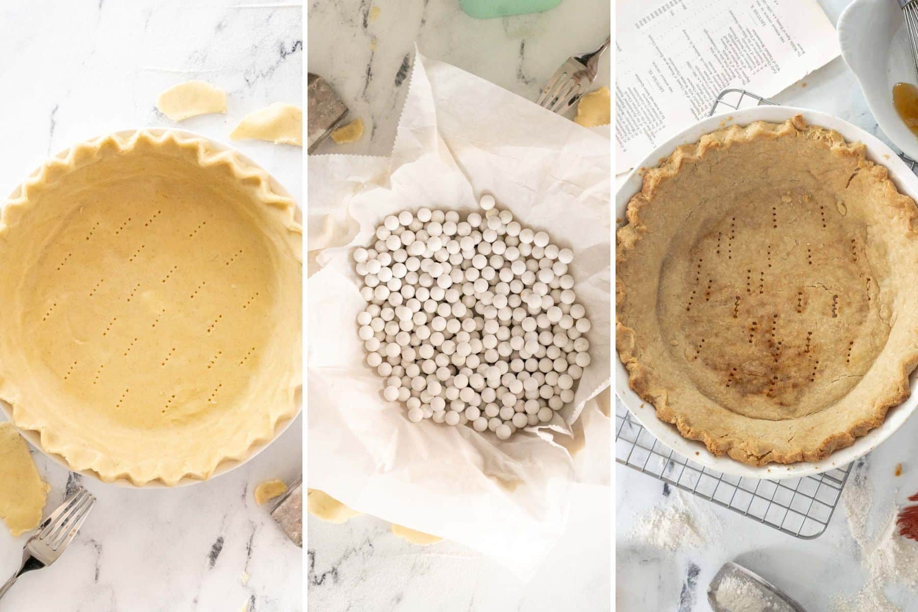 Three stages of blind baking a pie crust for a gluten free pecan pie: unbaked pie shell pricked with a fork, pie crust weighted with ceramic baking beads, and fully baked pie crust on a cooling rack.