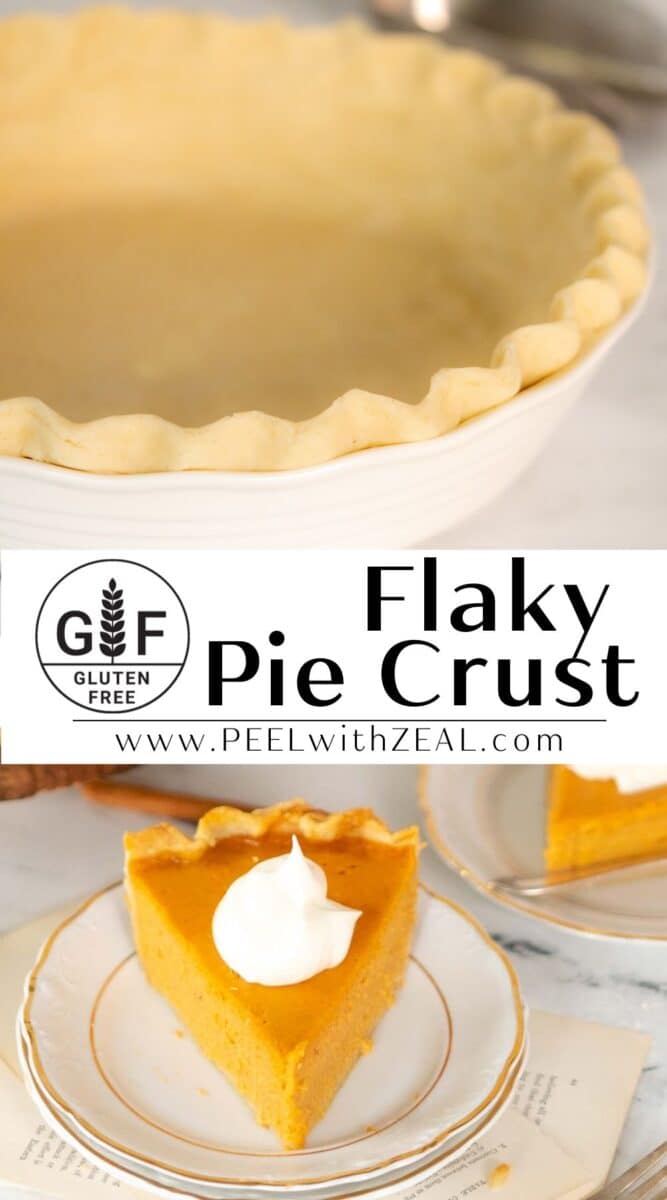 Gluten free pie dough and slice of pie on a plate.