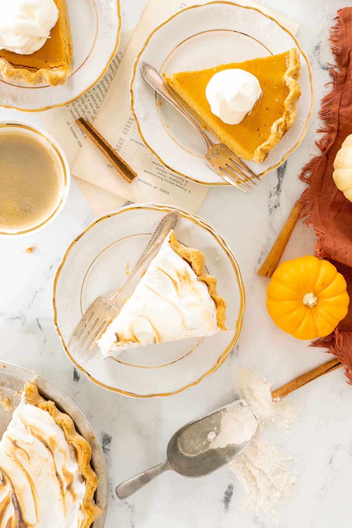 Two versions of the sweet potato pie, one plain and one with marshmallow topping.