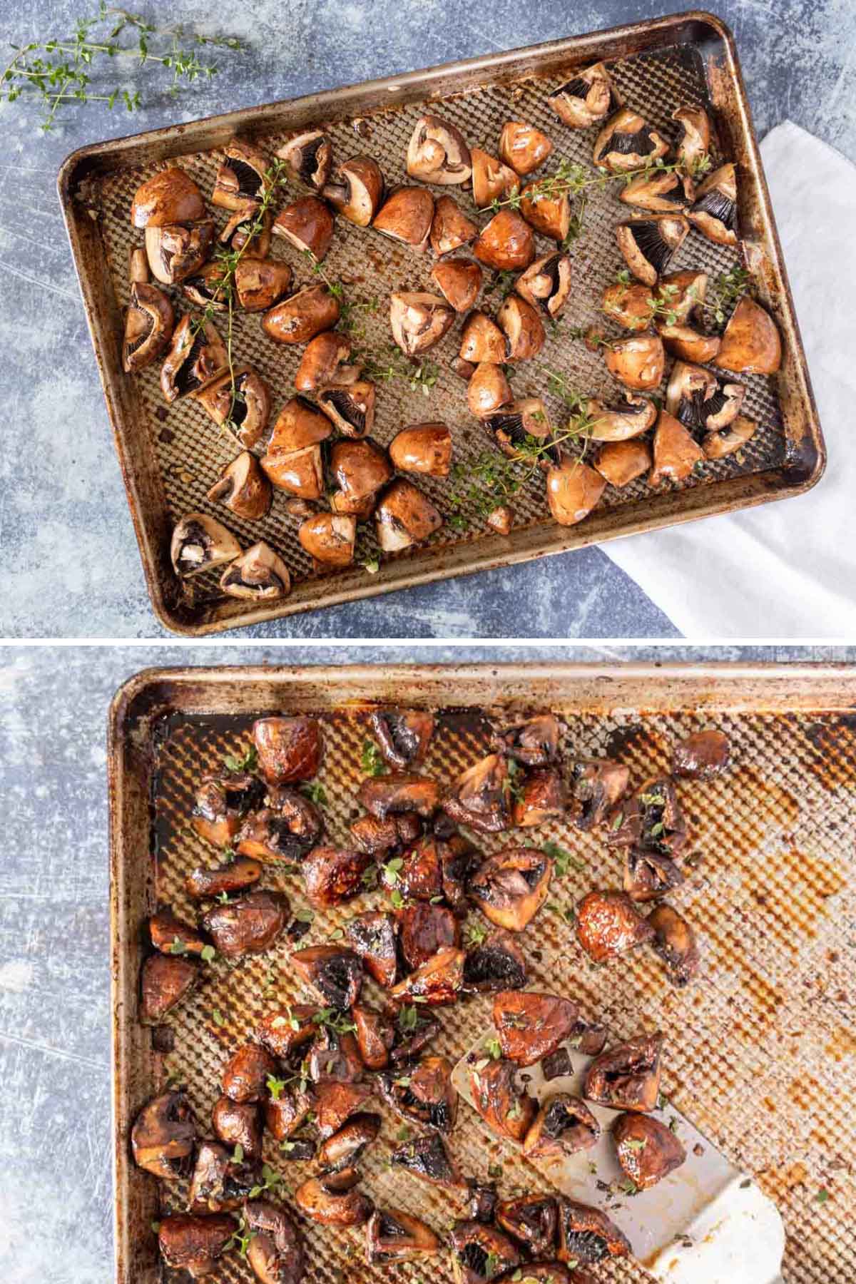 Mushrooms on a baking sheet before and after roasting.