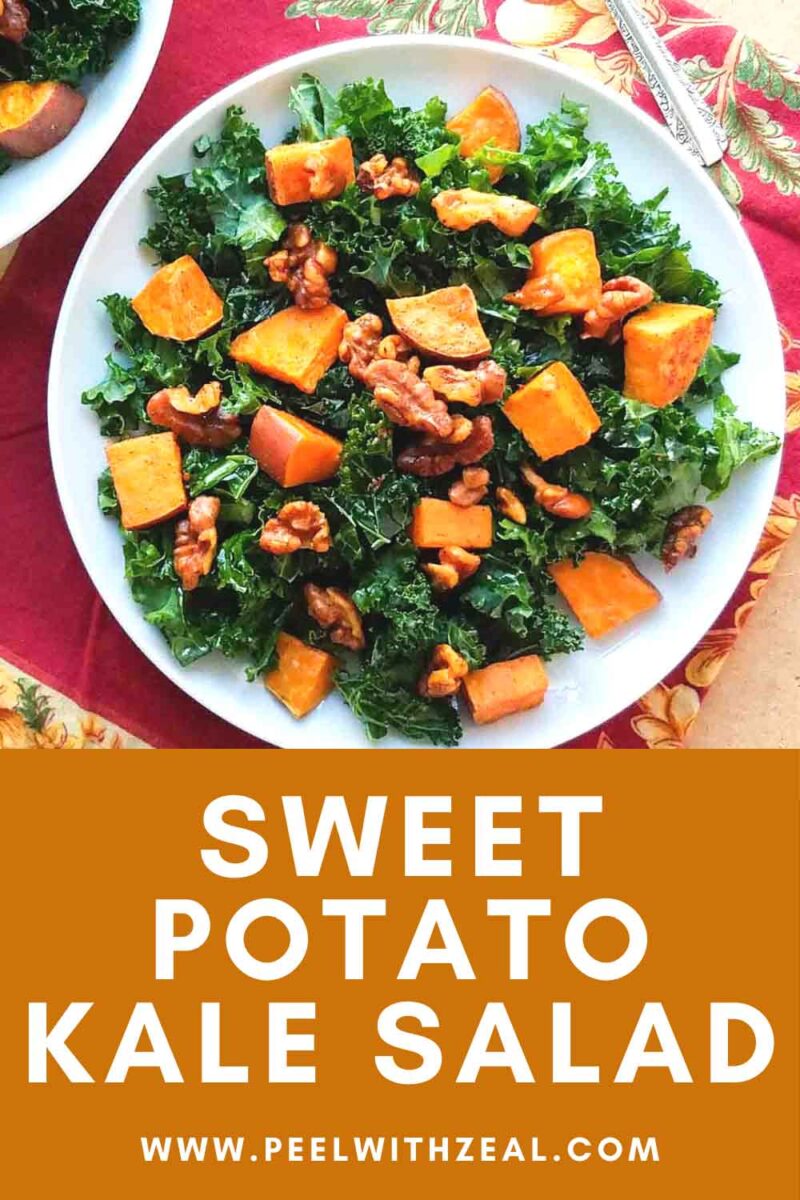 Kale salad with sweet potatoes on a plate.