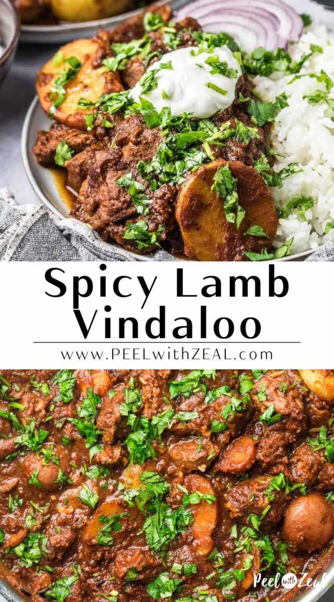 Lamb vindaloo with potatoes served over rice with raita and red onion.