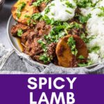 Lamb vindaloo with potatoes served over rice with raita and red onion.