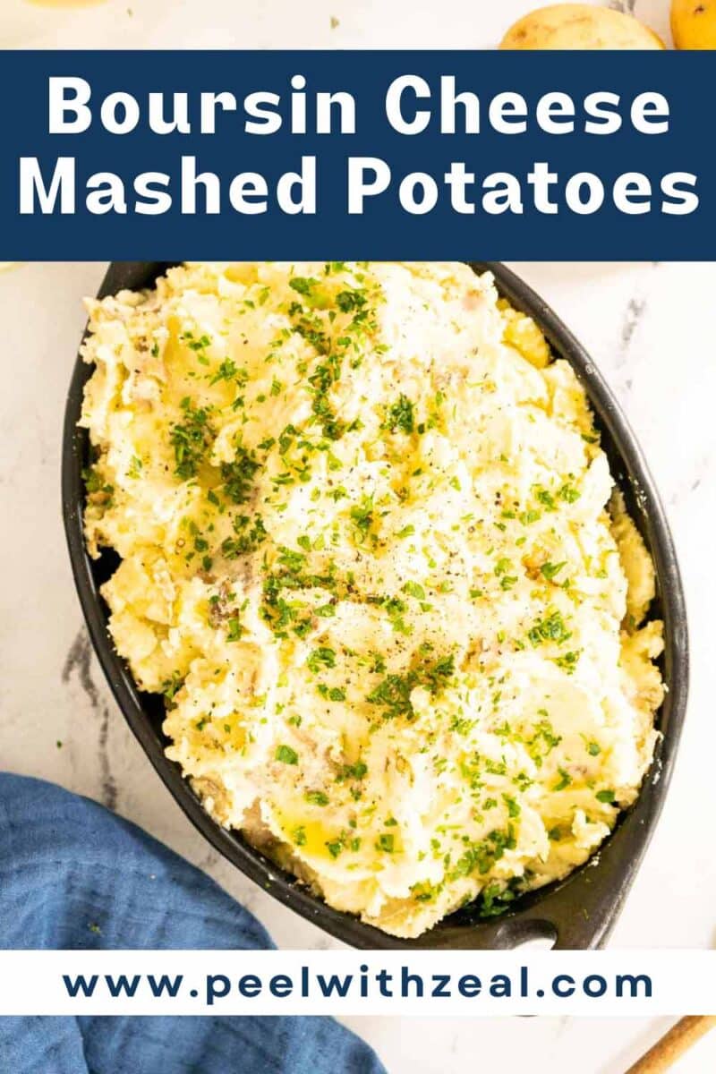 Boursin cheese mashed potatoes in a serving dish.