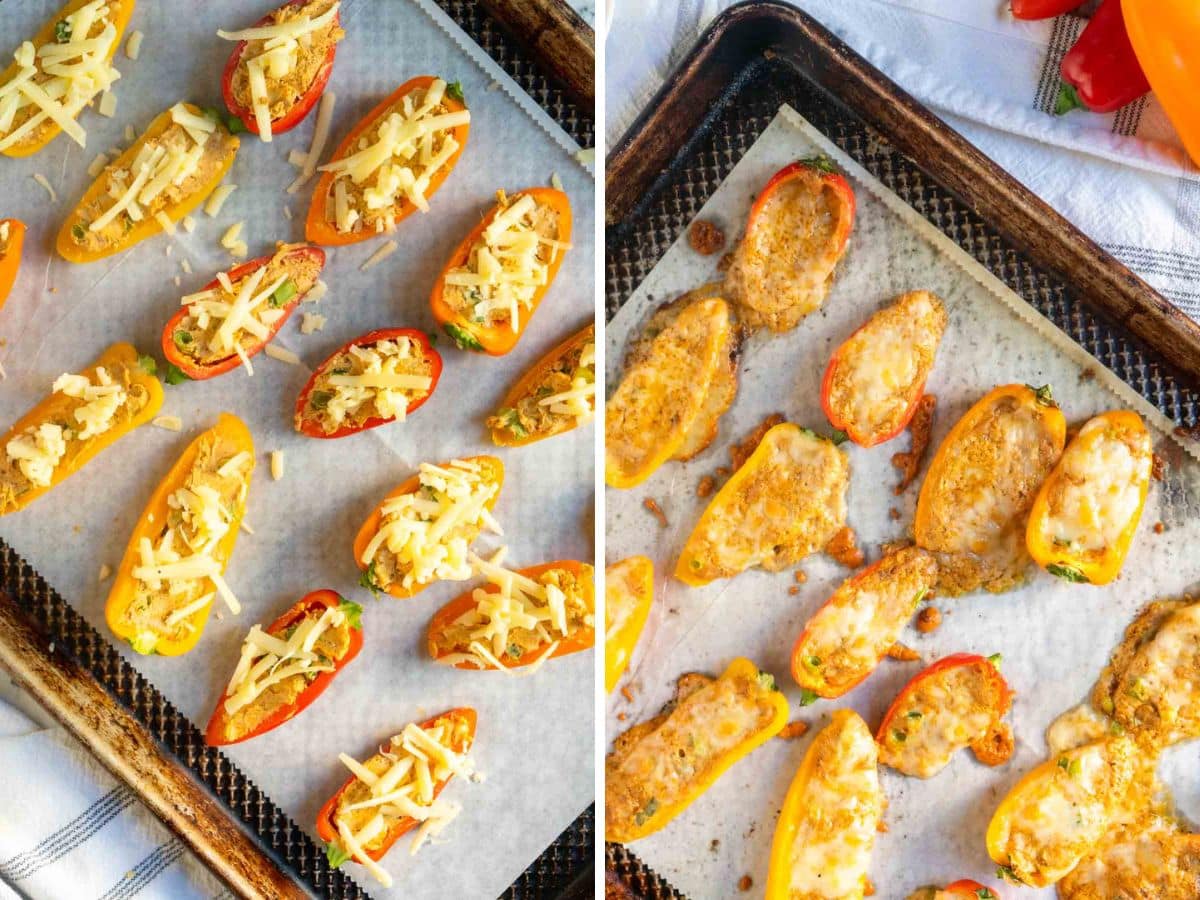 Two baking sheets: on the left, mini peppers stuffed with a luscious blend of cream cheese and topped with shredded cheese. On the right, their baked counterparts boast a golden layer of melted perfection.