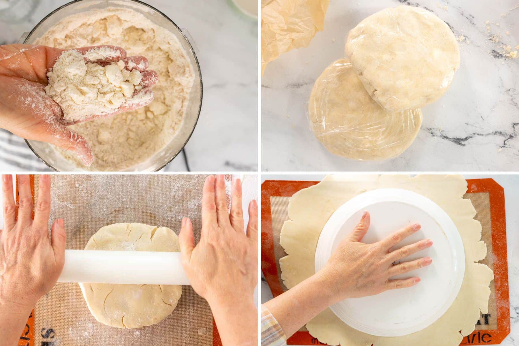 A four-step image shows hands making gluten-free pecan pie dough: mixing ingredients, two wrapped dough discs, rolling out the dough, and cutting into shape using a plate.