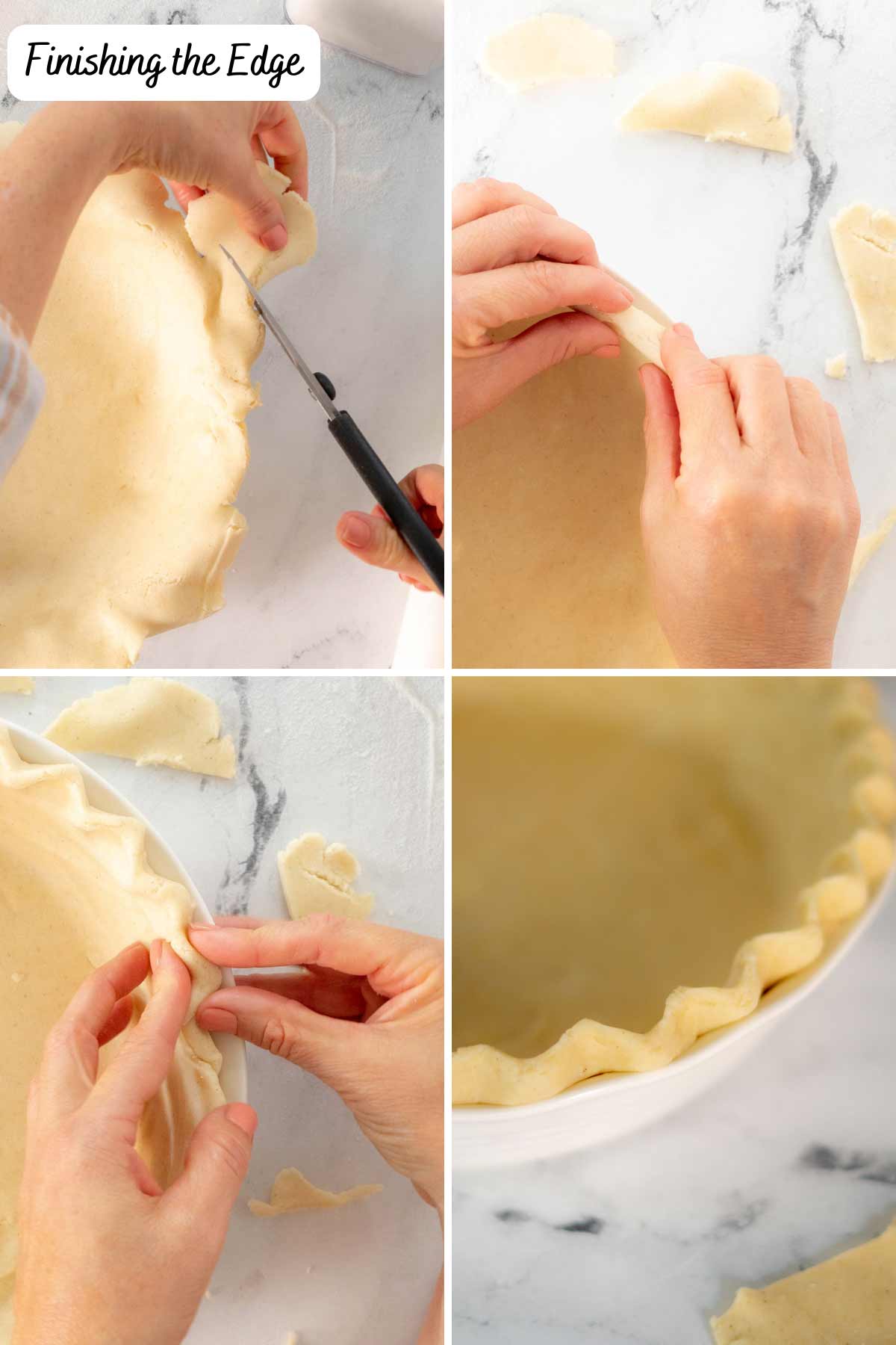 Person snipping the edge of the pie dough and creating pleats around the edges.