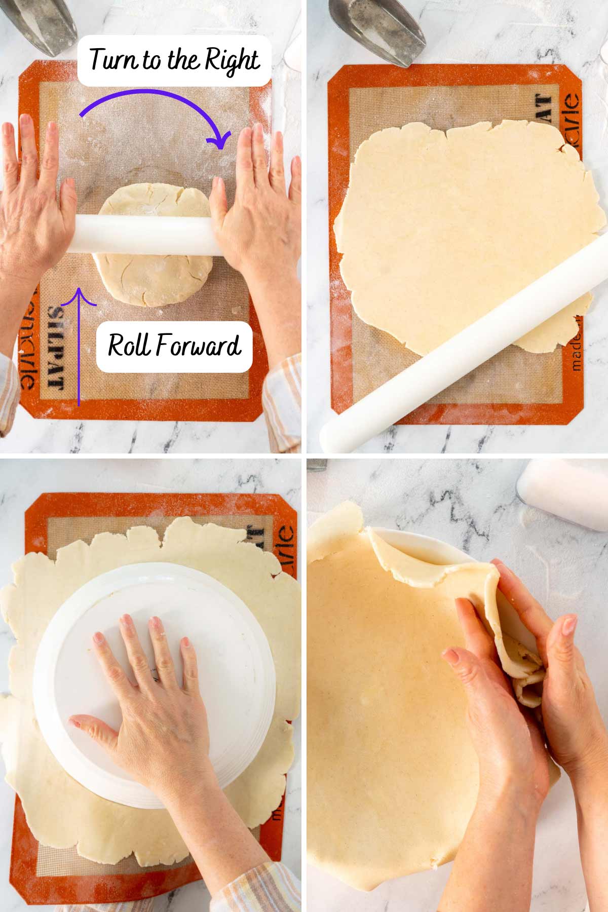 Person rolling the pie dough forward and rotating.