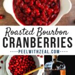 Roasted cranberries in a serving dish with a bottle of bourbon.