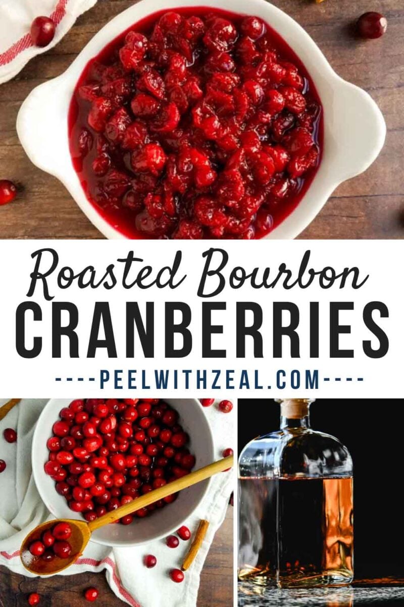 Roasted cranberries in a serving dish with a bottle of bourbon.