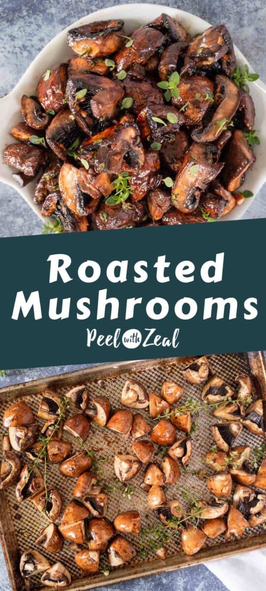 Roasted mushrooms in a white dish and mushrooms on a baking sheet.