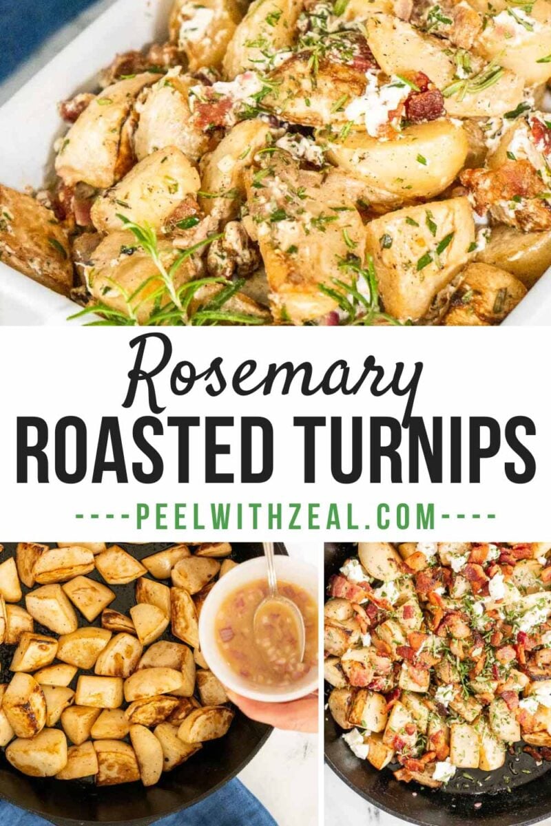 Roasted turnips topped with bacon and cheese in a cast iron skillet.