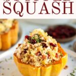 Quinoa and ground turkey in a squash bowl with cranberries.