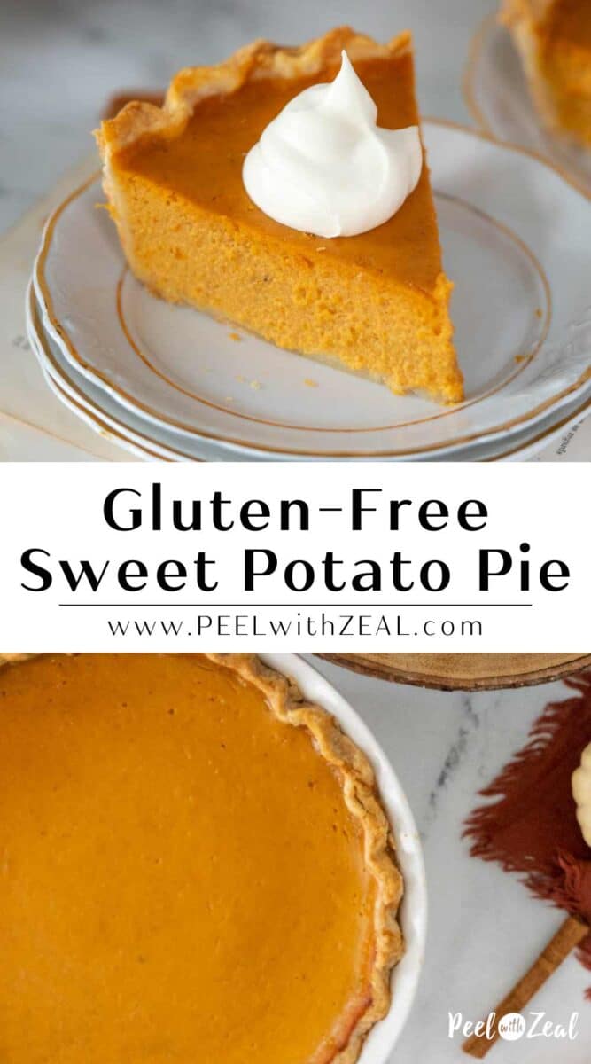 Sweet potato pie in a pan with a slice topped with whipped cream.