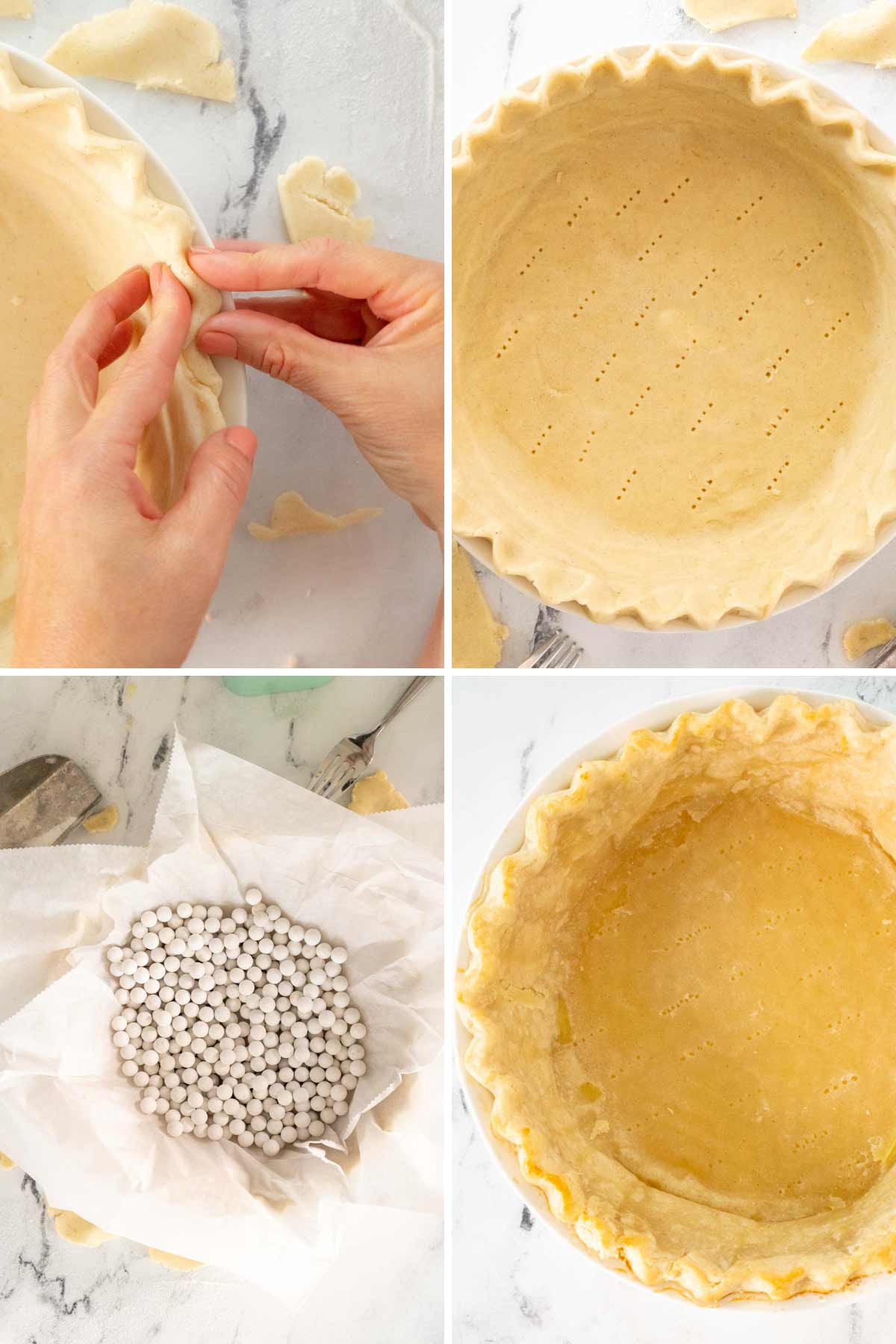 Pinching the edges of the dough and par baking the pie.