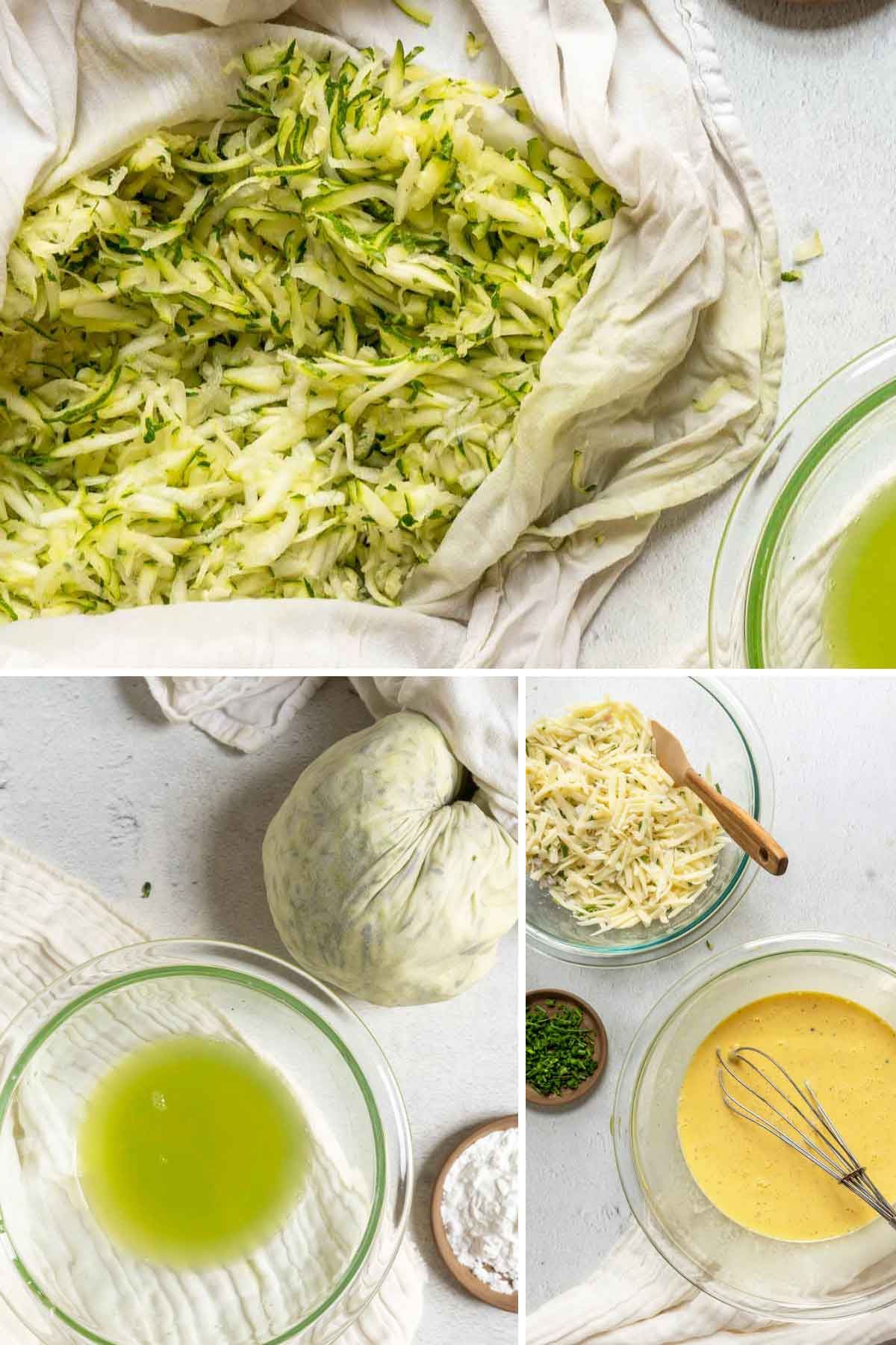 Shredded zucchini in a cloth towel and mixing bowl with whisked eggs.