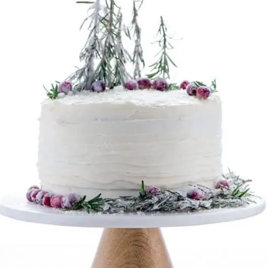 Gluten free gingerbread cake on a cake stand with sugared cranberries.