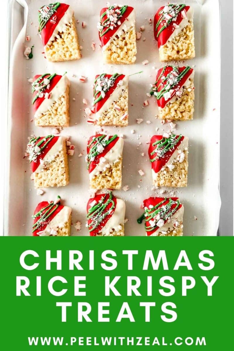 Twelve delightful Christmas rice krispies treats adorned with red and white icing and sprinkles rest on a baking sheet. Text reads "Festive Rice Krispy Treats.