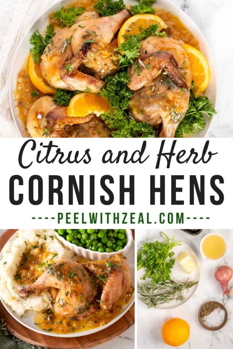 Roasted cornish hens on a plate.