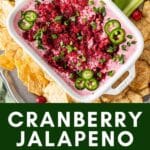 Cranberry jalapeno dip in a bowl with crackers.