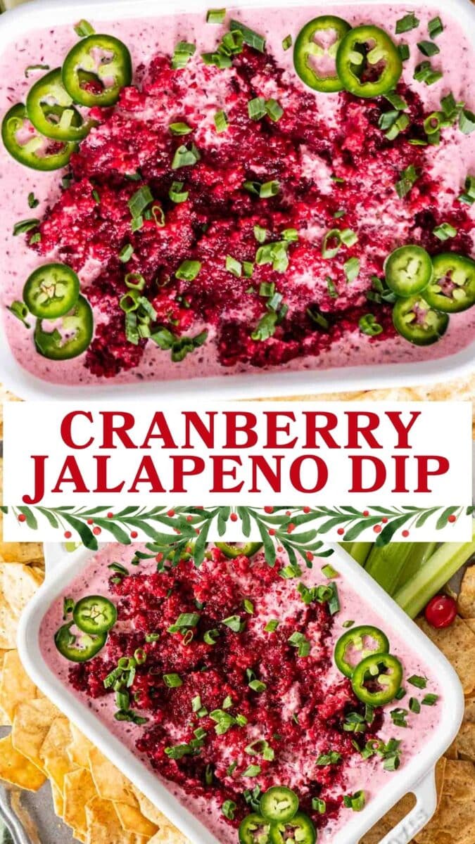 A rectangular dish of cranberry jalapeño dip garnished with sliced jalapeños and chopped green onions, surrounded by tortilla chips—perfect for serving this vibrant cranberry jalapeno dip at your next gathering.