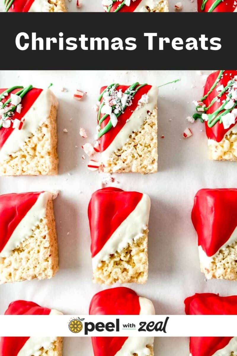 Christmas Rice Krispies treats are partially dipped in red and white chocolate, topped with crushed candy canes, and arranged on a white surface. The text overlay says "Christmas Treats.