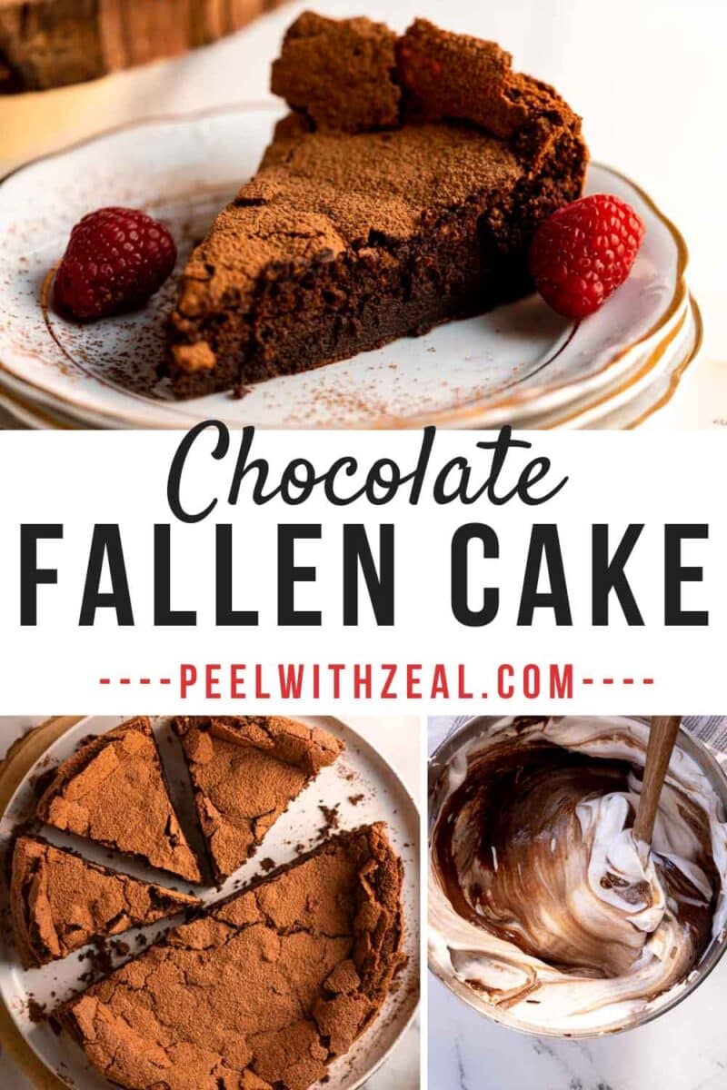 Chocolate cake on a cake plate, cut into pieces.