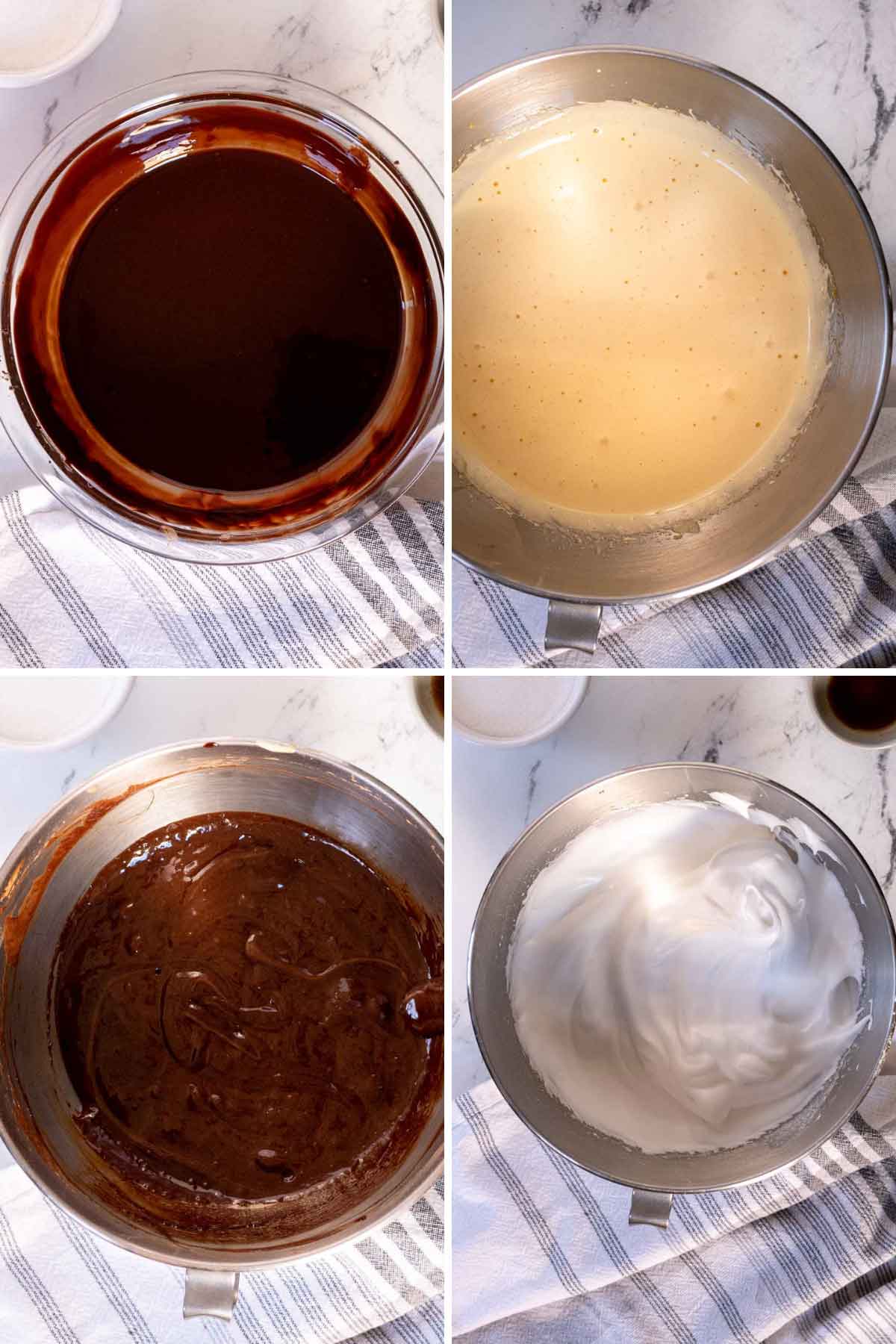 The egg yolk being mixed with the melted chocolate.