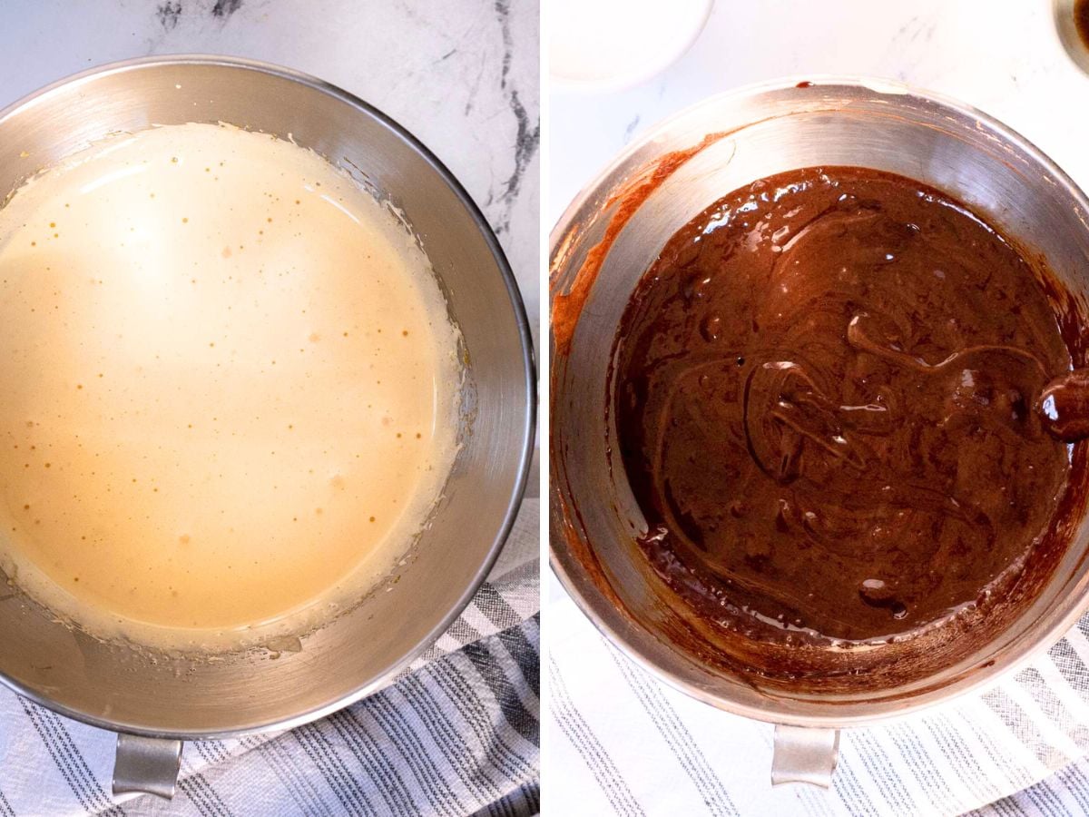 Two metal mixing bowls sit side by side on a striped cloth; the left holds a light yellow batter, while the right contains a dark chocolate batter for a decadent chocolate souffle cake.