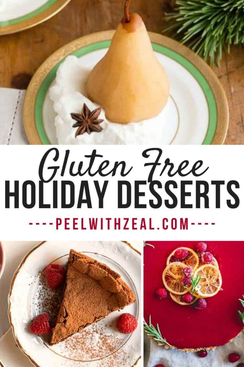 Collage of christmas desserts like yule log cake and poached pears.