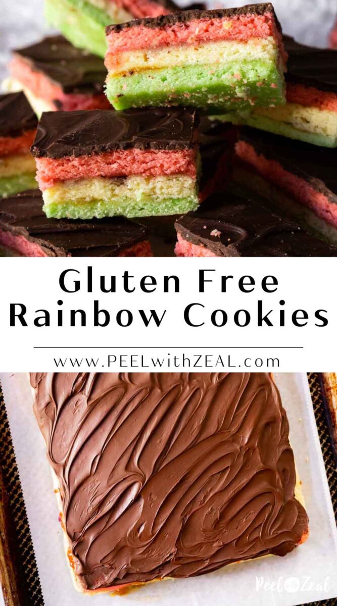 Italian layer rainbow cookies on a counter.