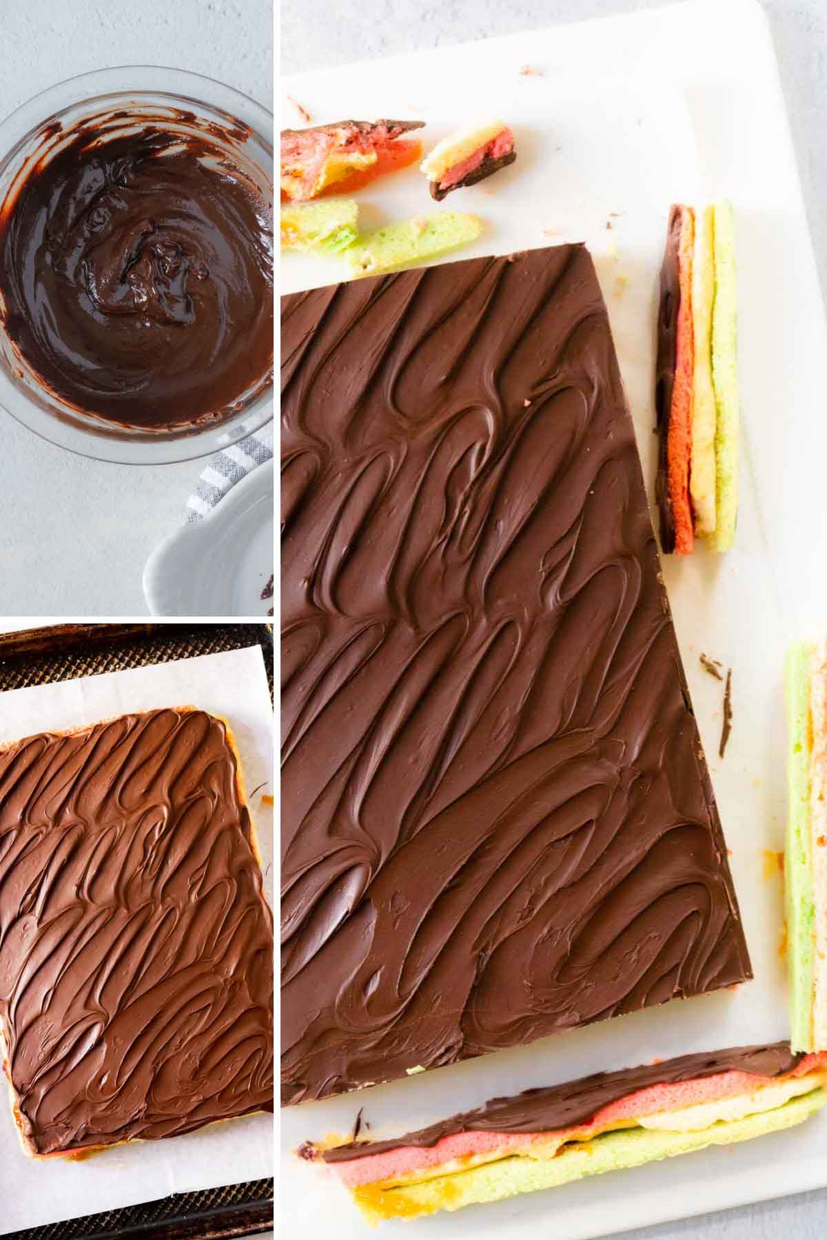 Spreading the chocolate on the chilled cookies and trimming of the edges.