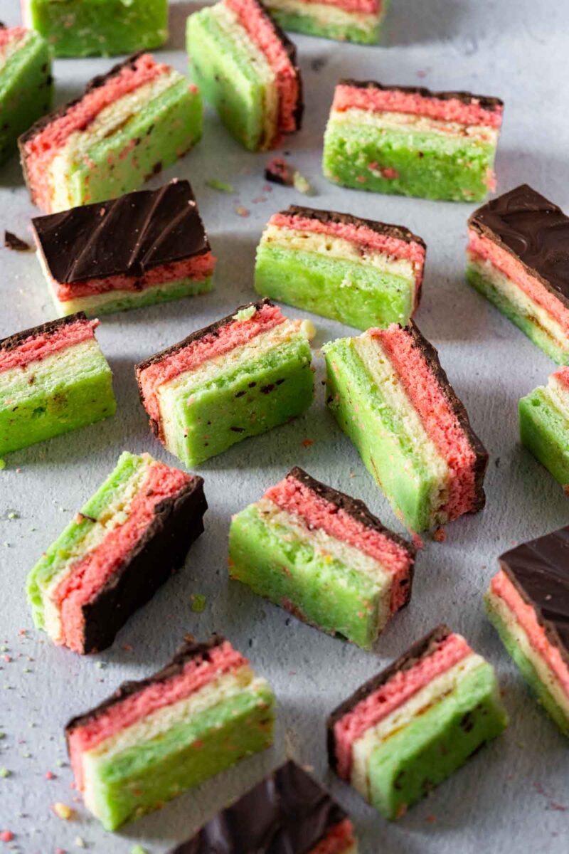 Italian layer rainbow cookies on a counter.