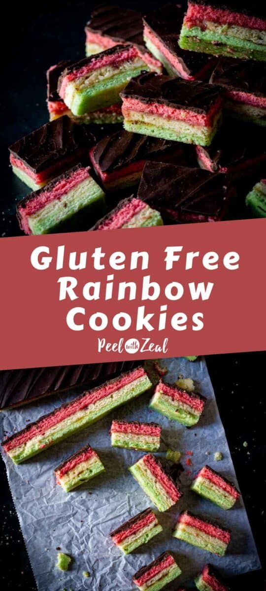 Rainbow cookies on parchment paper.
