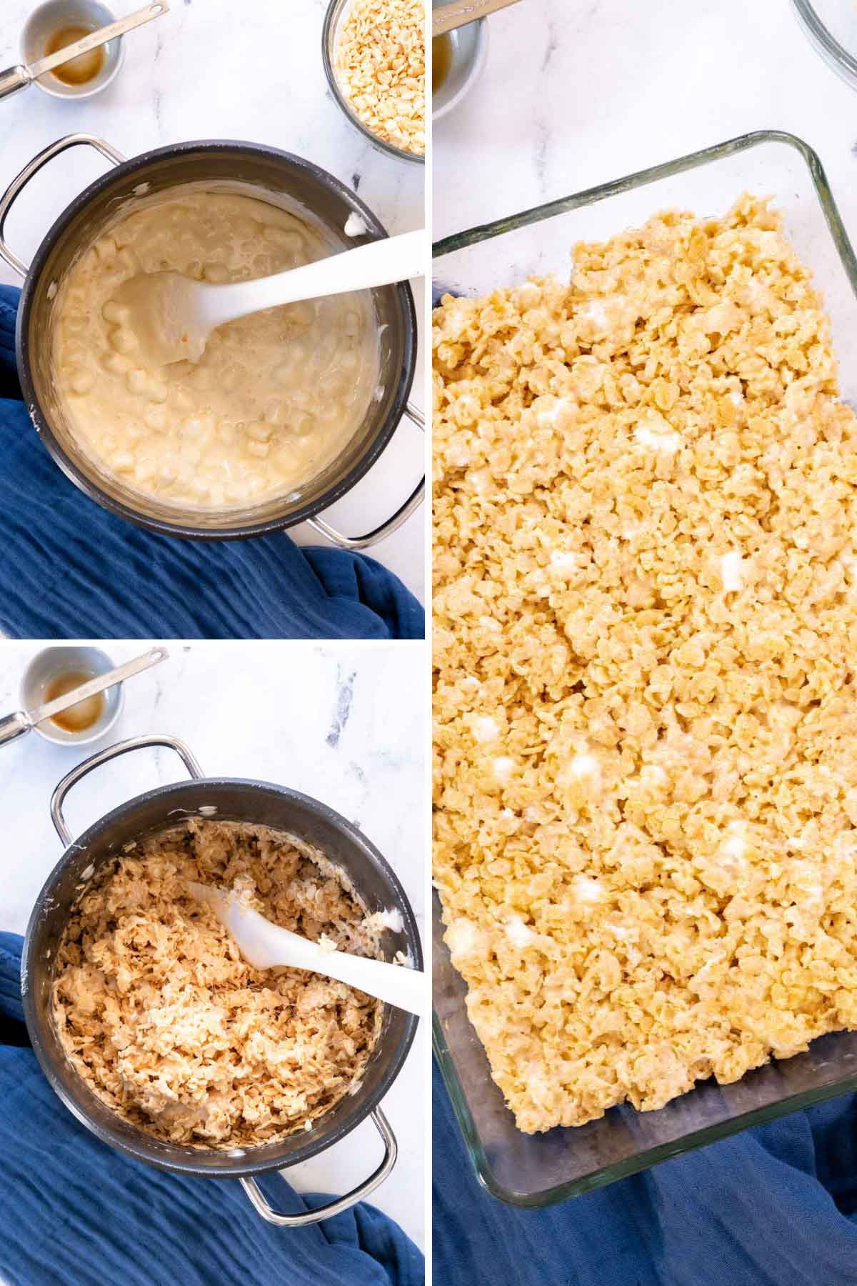 Melting marshmallows in a pan and rice krispies squares in a pan cooling.