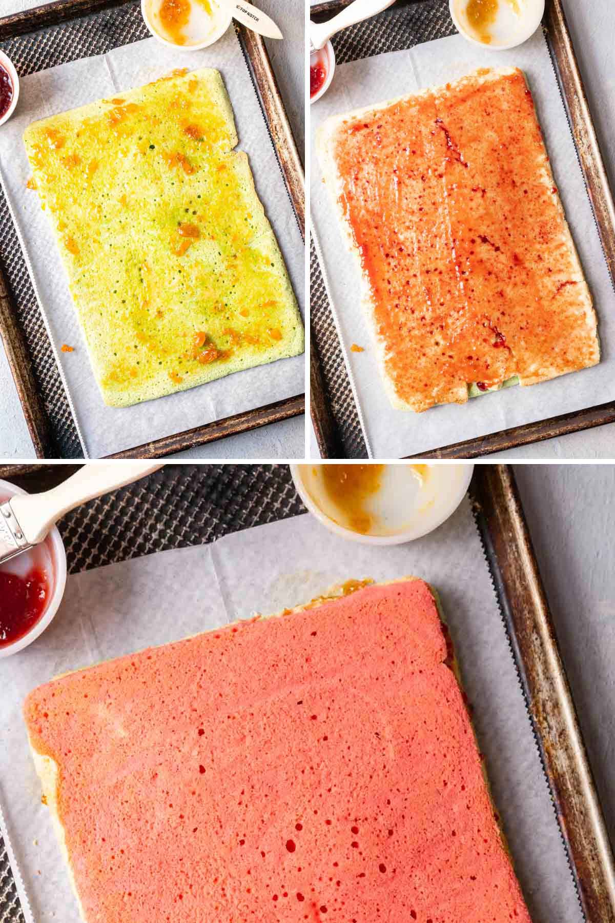 Assembling the layers of the Italian rainbow cookies.