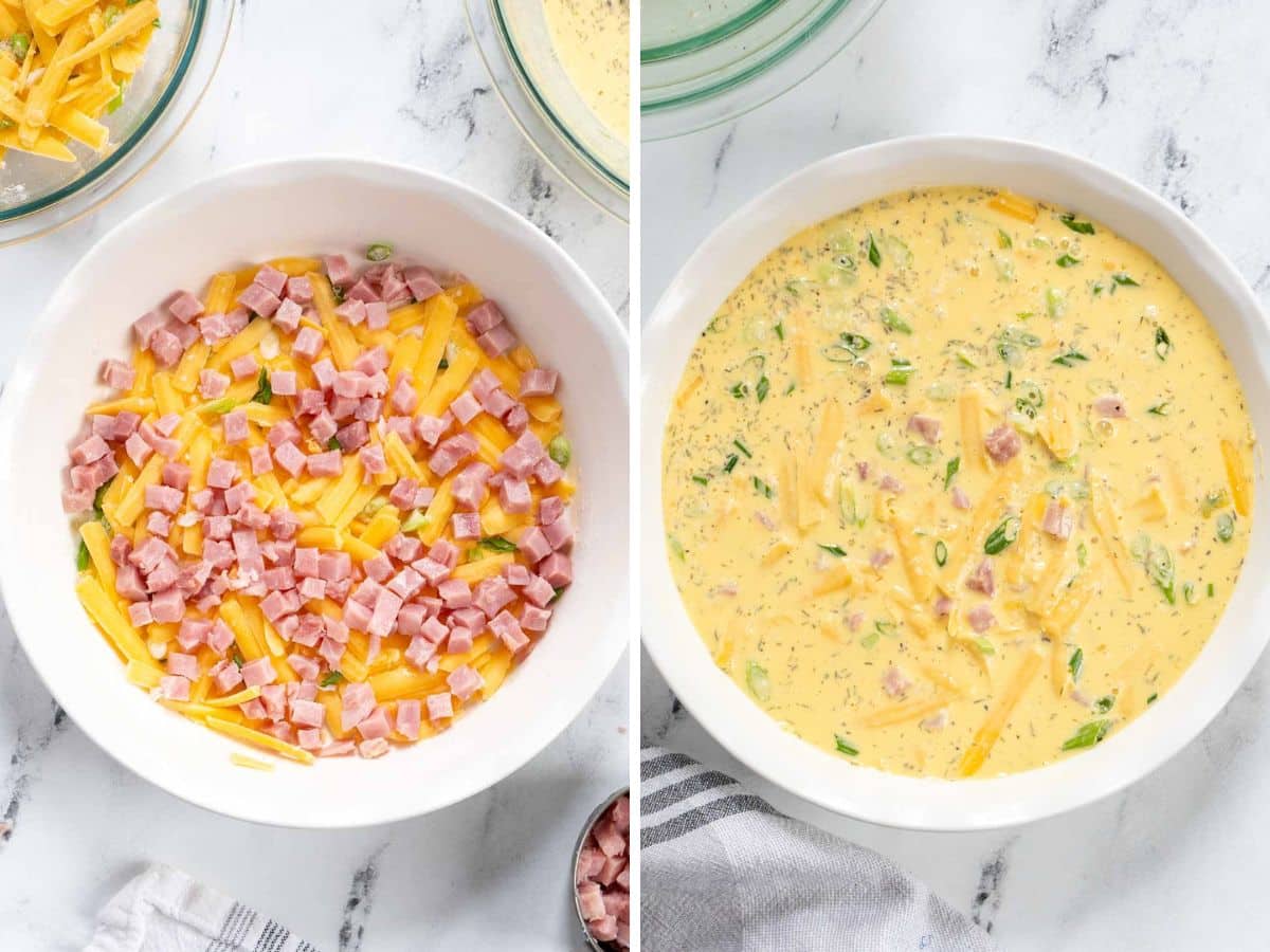 Layering the ham and cheese filling and pouring over the eggs.