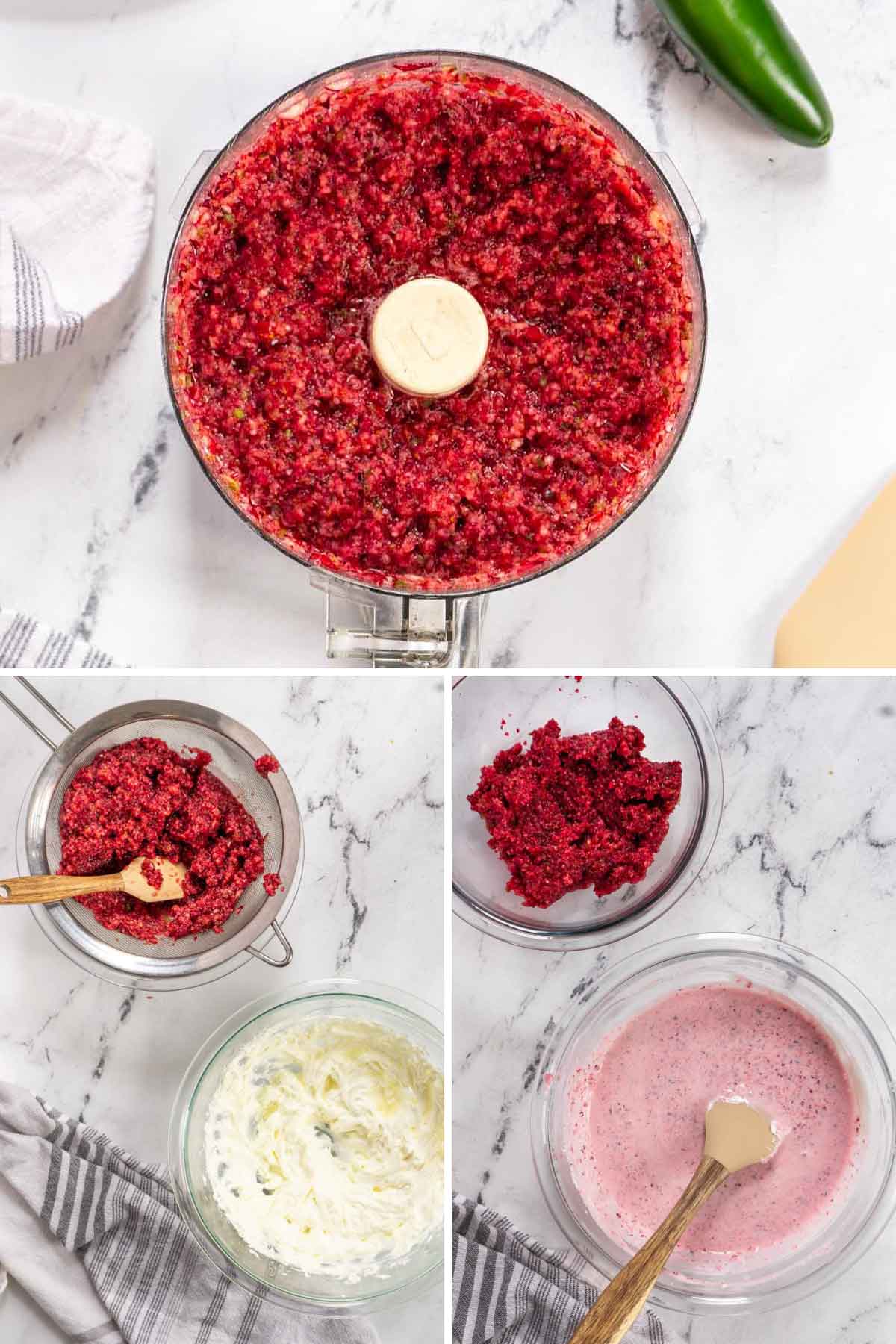 Chopping cranberries in a food processor and stirring into cream cheese.
