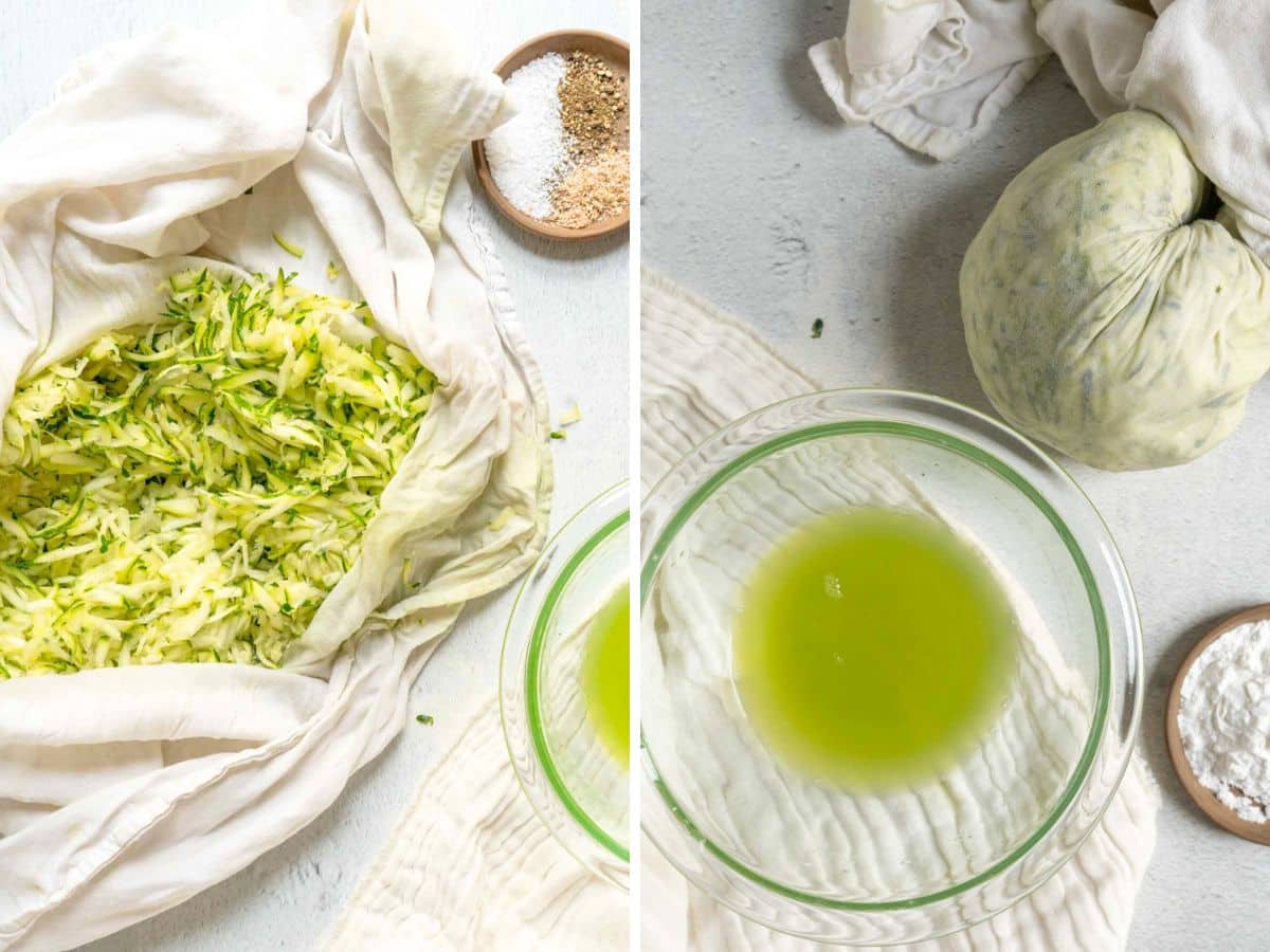 Shredded zucchini, ready for a delicious zucchini crustless quiche, sits in a cloth. Nearby, a bowl of liquid and seasoning awaits. In another image, the strained zucchini promises to add flavor and texture to your dish.